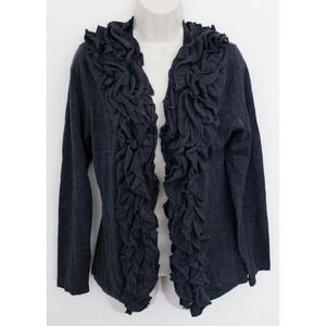 Kenar Cardigan Sweater Womens Large Gray 100% Merino Wool Ruffle Trim Open Front